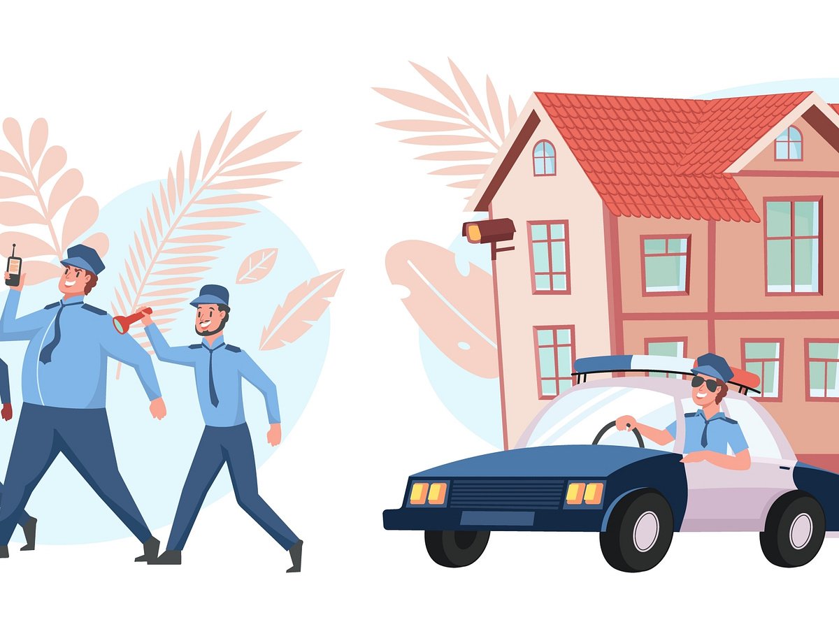 Illustration d'agents de sécurité et d'une maison surveillée